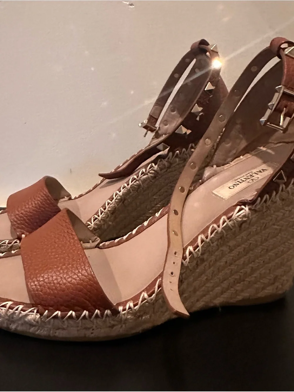 Valentino Tan Leather Studded Ankle-Strap Espadrille Wedges